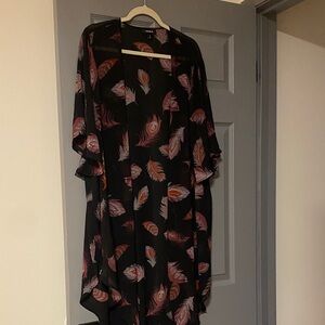 Torrid Black Kimono with Pink and Orange Feather Design